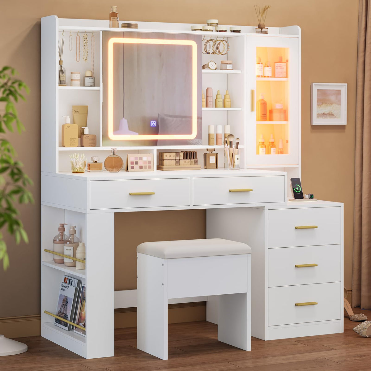 White Makeup Vanity Desk with Sliding LED Lighted Mirror A224056