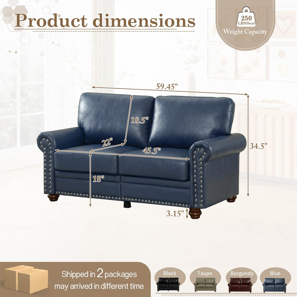 Navy Blue Faux Leather 2 Seater Sofa with Nailhead Trim K2358