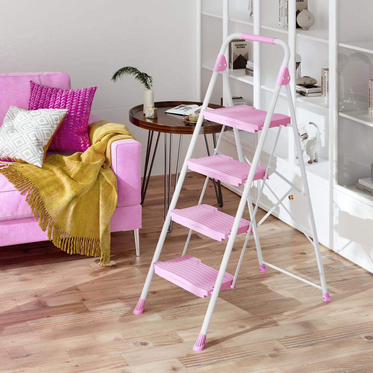 4 Step Pink Foldable Step Stool with Handrail D8157