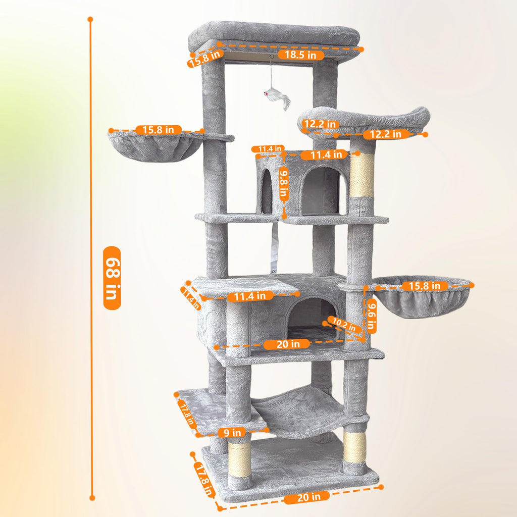 68 Inches Tall Multi-Level Cat Tree with Hammock and Light Gray F8458