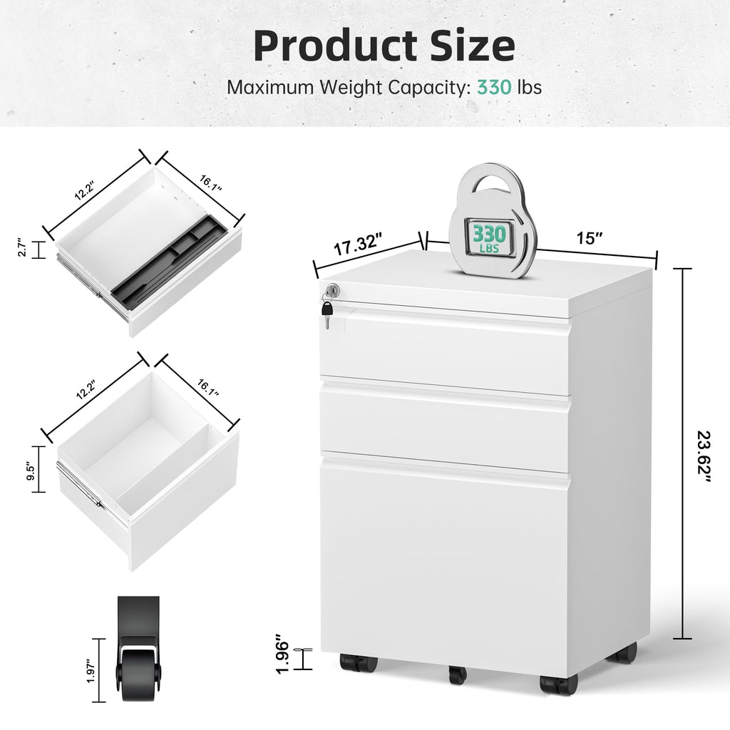 Fully Assembled 3 Drawer White Metal Rolling File Cabinet with Lock T1556