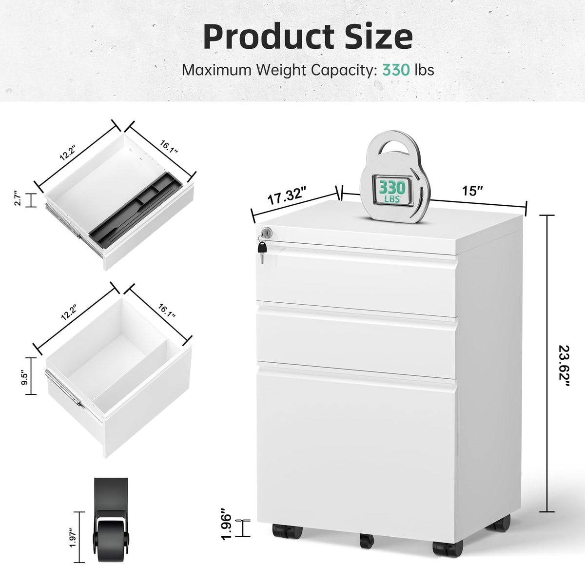 Fully Assembled 3 Drawer White Metal Rolling File Cabinet with Lock T1556