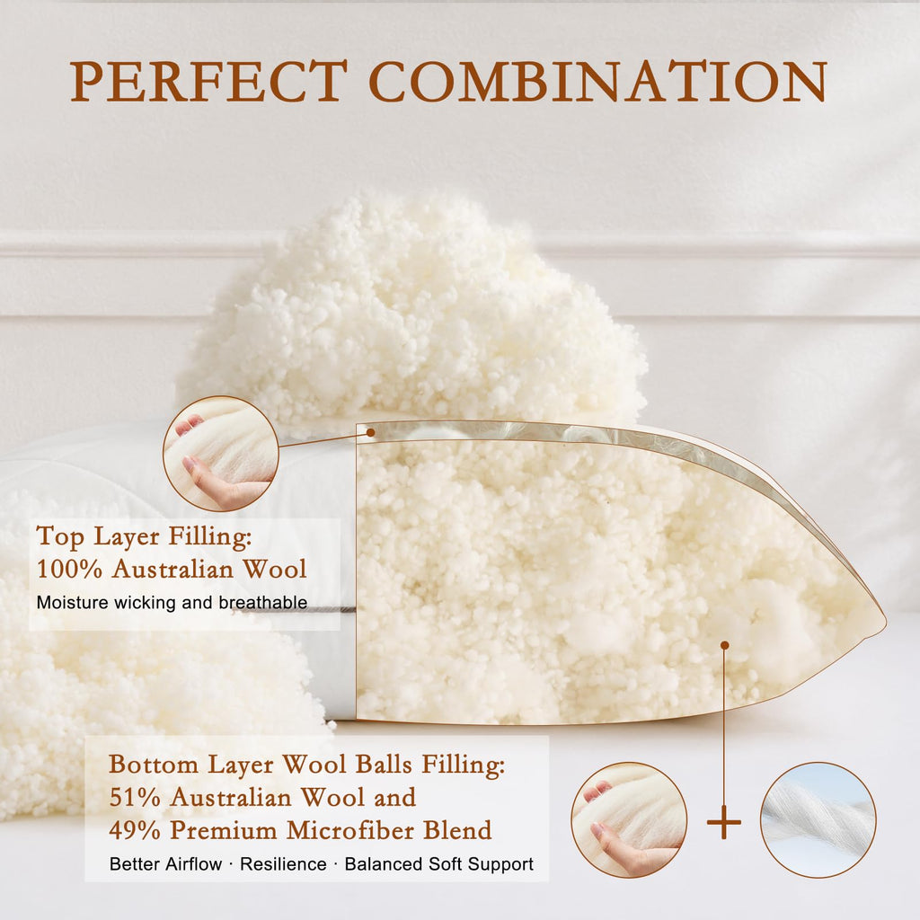 Soft Natural Wool Pillow King Size Set of 2 Cotton Cover U1418
