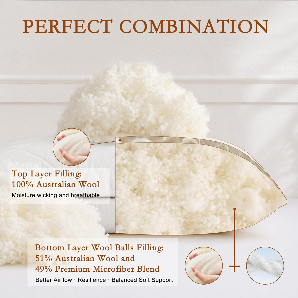 Soft Natural Wool Pillow King Size Set of 2 Cotton Cover U1418