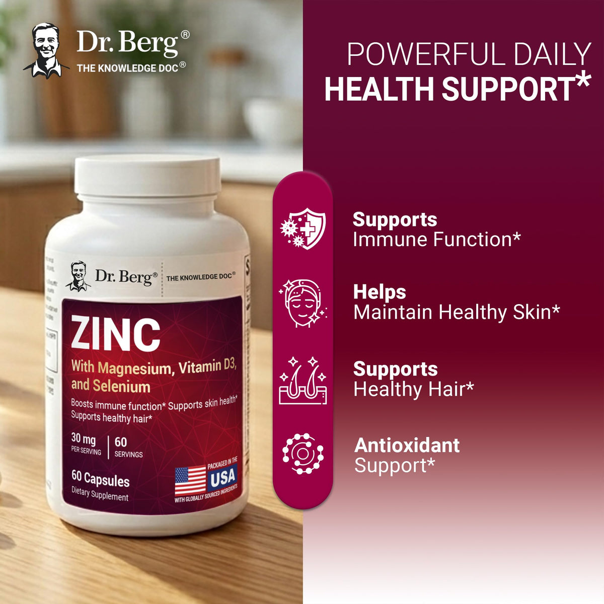 Zinc 30 mg 60 Capsules Chelated with Vitamin D & Selenium R295