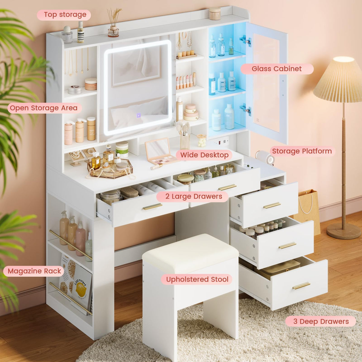 White Makeup Vanity Desk with Sliding LED Lighted Mirror A224056
