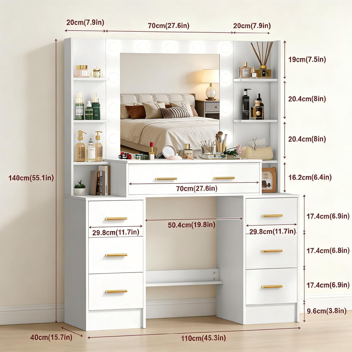 Makeup Vanity with Lights and Mirror, 7 Drawers, 6 Shelves, 10 Lights G3495