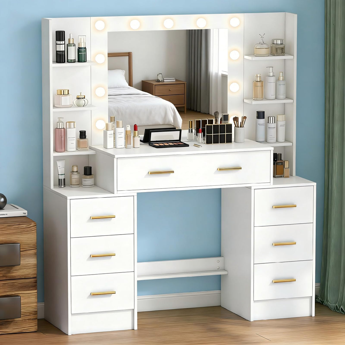 Makeup Vanity with Lights and Mirror, 7 Drawers, 6 Shelves, 10 Lights G3495