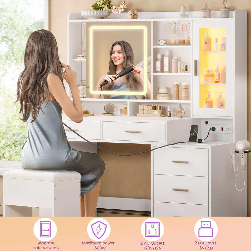 White Makeup Vanity Desk with Sliding LED Lighted Mirror A224056