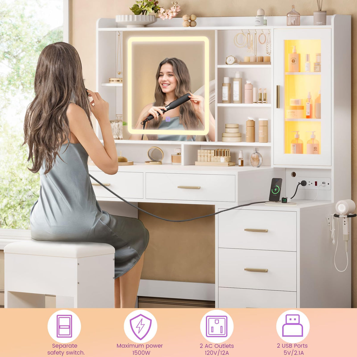 White Makeup Vanity Desk with Sliding LED Lighted Mirror A224056