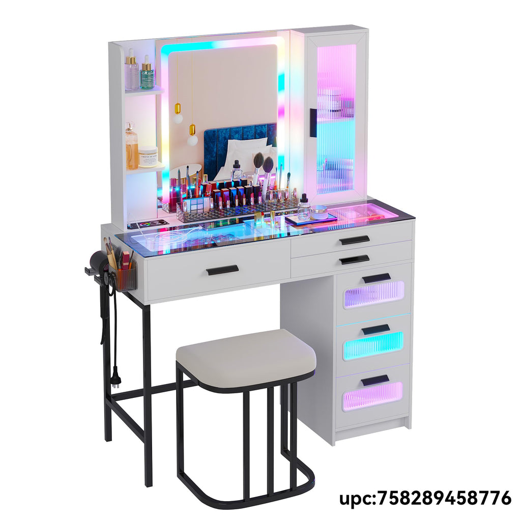 White Vanity Desk with Lighted Mirror and 6 Drawers J4831