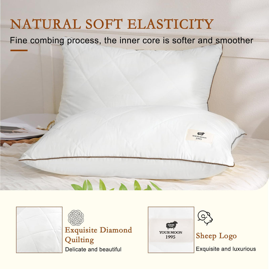 Soft Natural Wool Pillow King Size Set of 2 Cotton Cover U1418