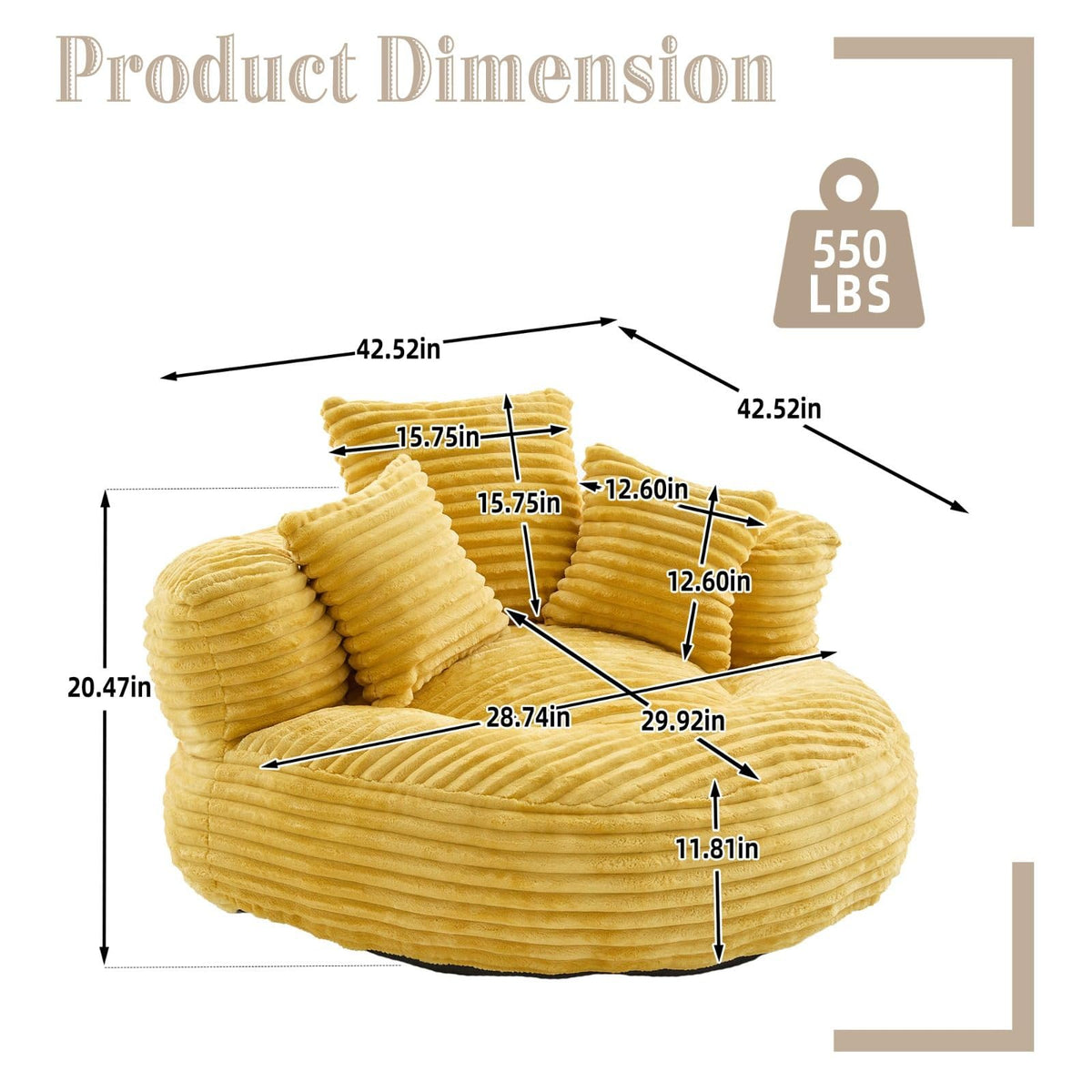 Oversized Corduroy Bean Bag Chair with 3 Pillows P516