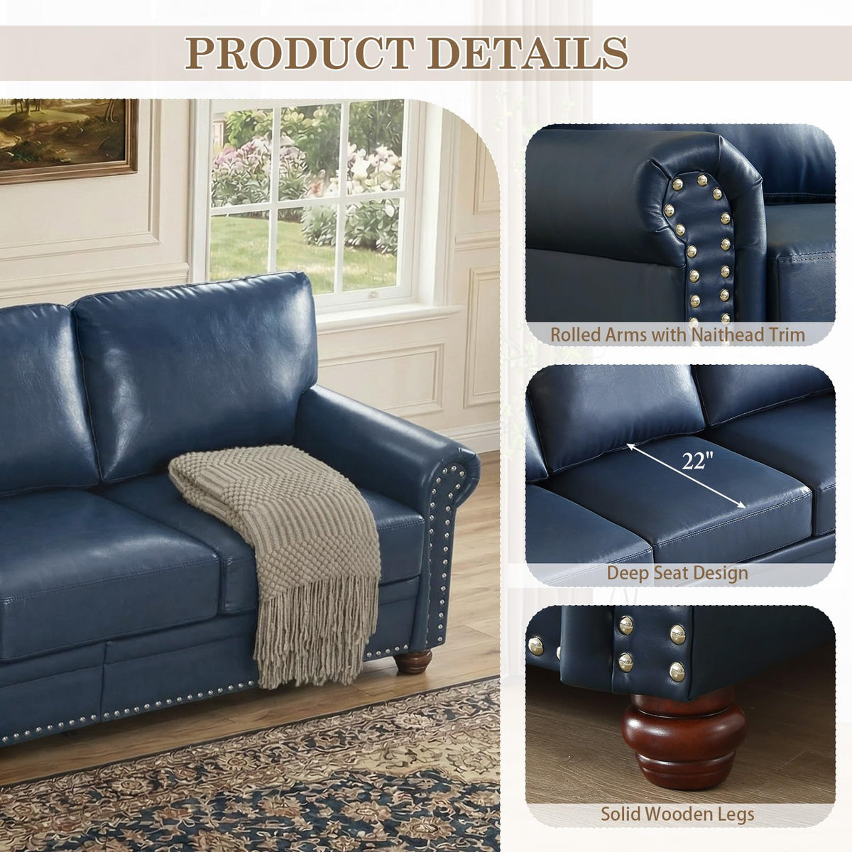 Navy Blue Faux Leather 2 Seater Sofa with Nailhead Trim K2358