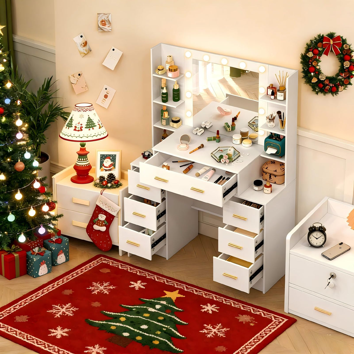 Makeup Vanity with Lights and Mirror, 7 Drawers, 6 Shelves, 10 Lights G3495