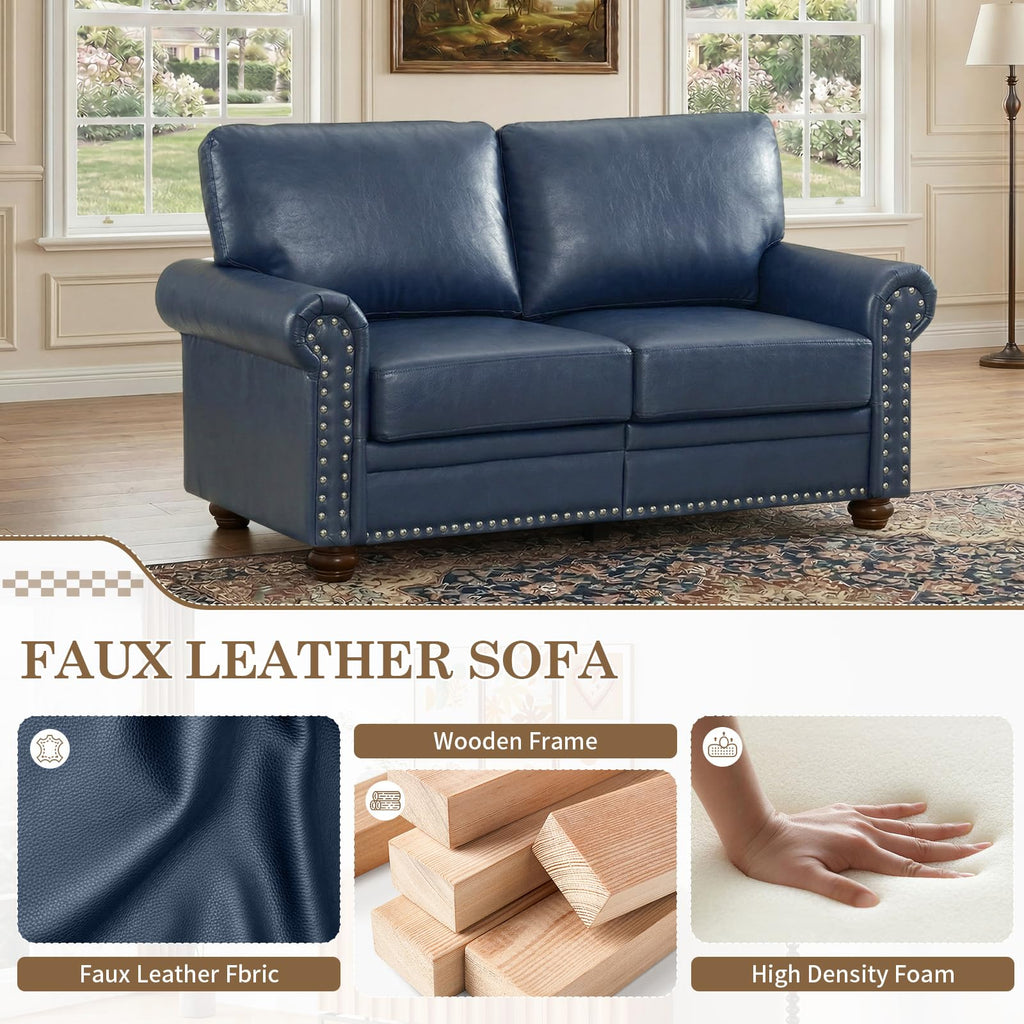 Navy Blue Faux Leather 2 Seater Sofa with Nailhead Trim K2358