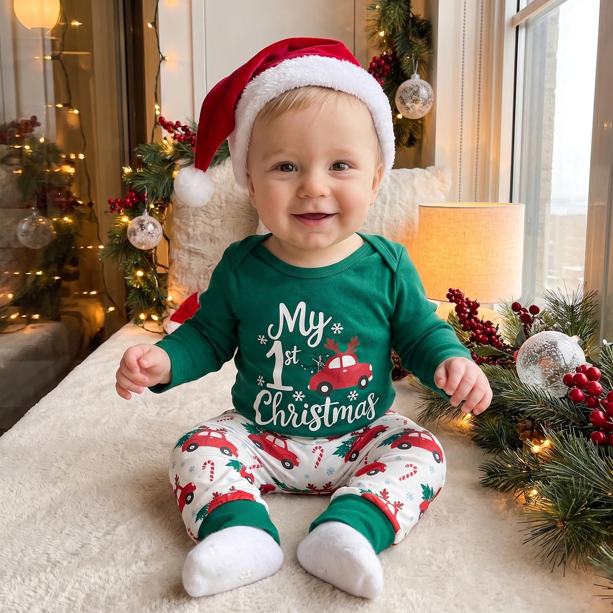 My First Christmas Baby Boy Outfit Romper Pants Hat V62652