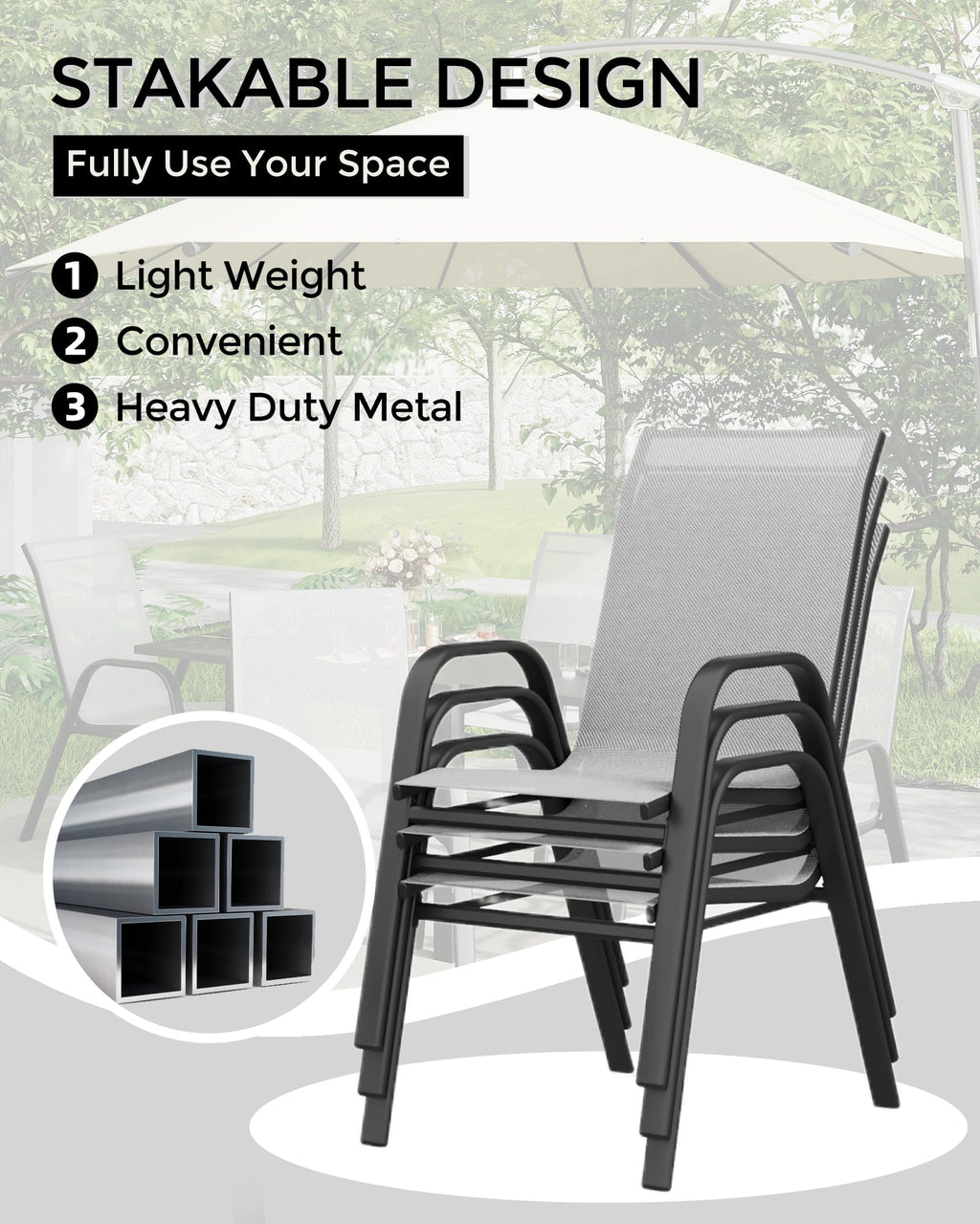 Stackable Outdoor Dining Chairs Set of 4 Textilene Fabric Metal Frame Grey D17873