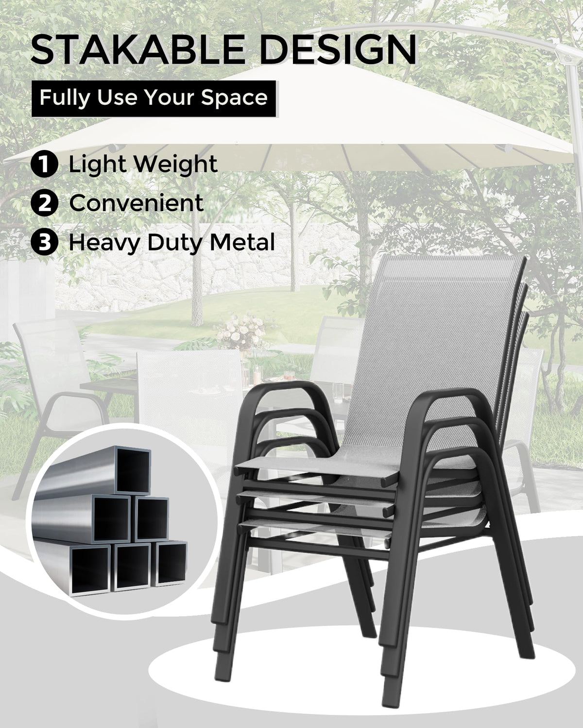 Stackable Outdoor Dining Chairs Set of 4 Textilene Fabric Metal Frame Grey D17873