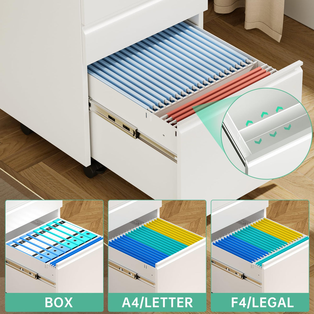 Fully Assembled 3 Drawer White Metal Rolling File Cabinet with Lock T1556