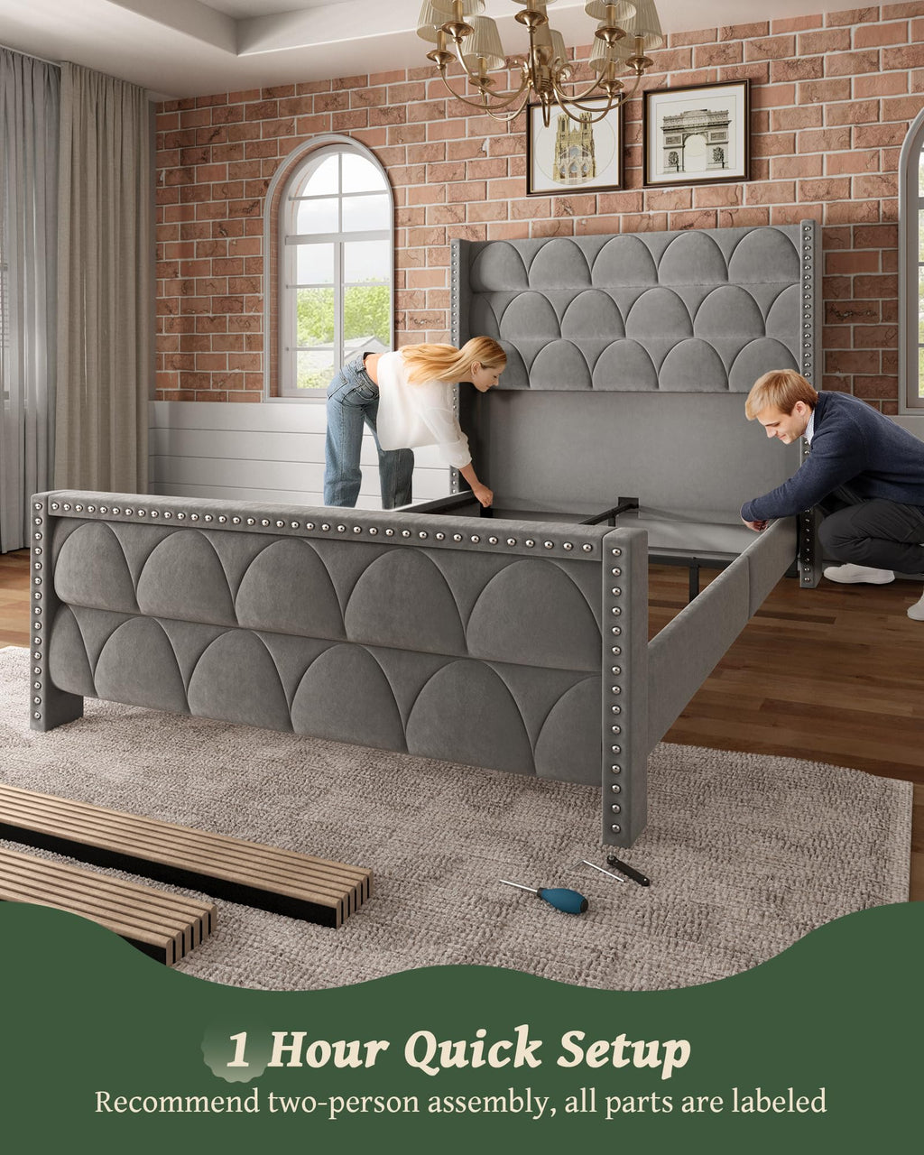Queen Size Velvet Upholstered Platform Bed Frame K361