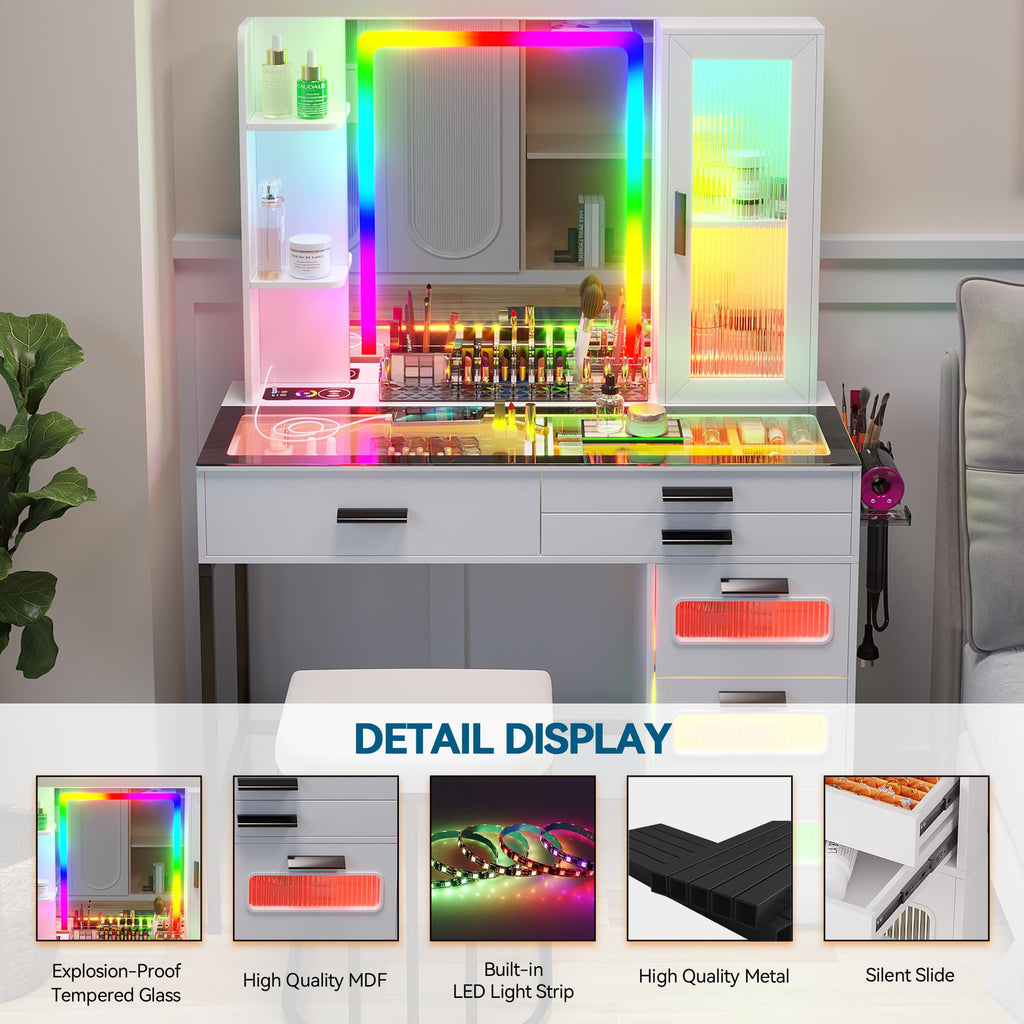 White Vanity Desk with Lighted Mirror and 6 Drawers J4831