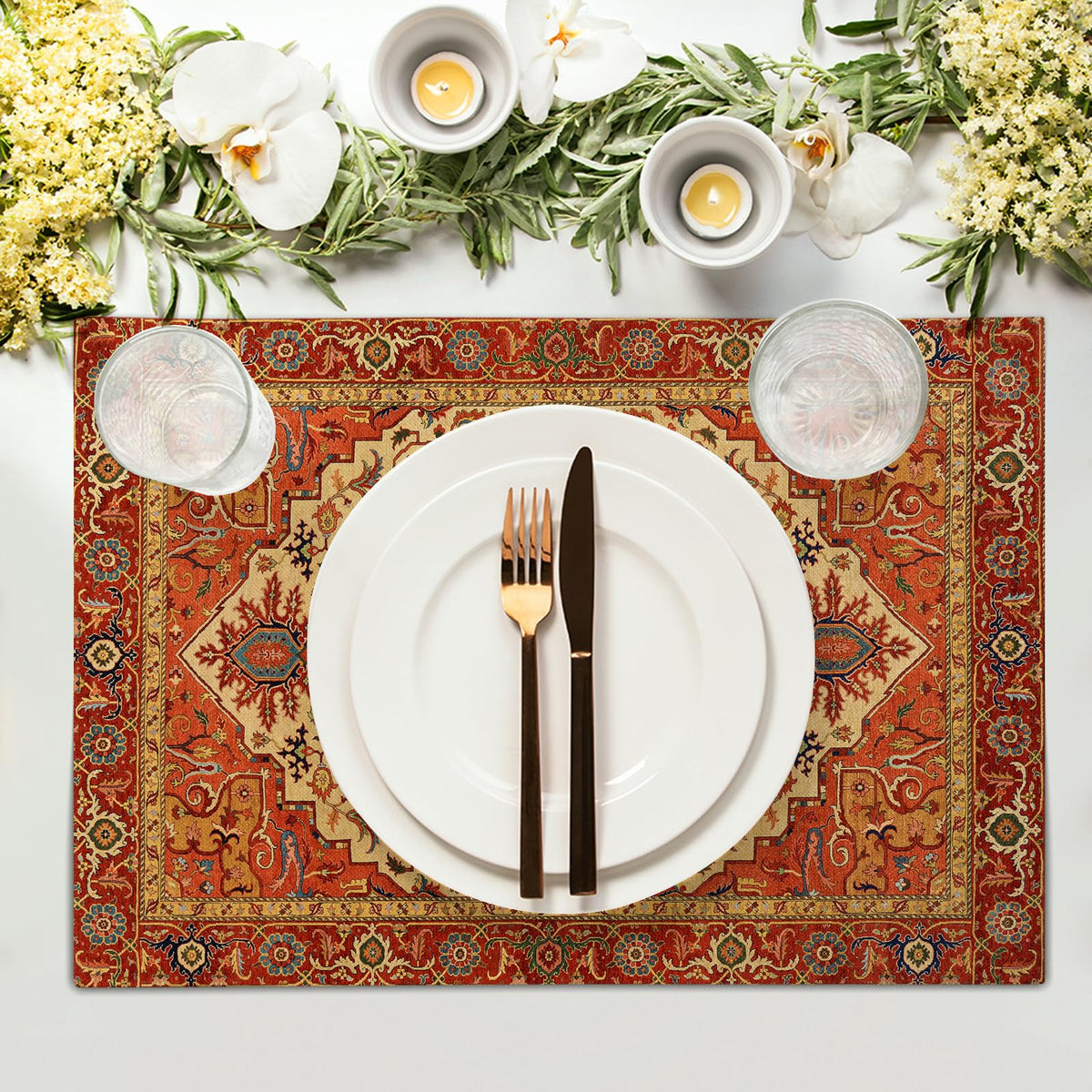 Boho Ethnic Placemats Set of 4 Orange Brown Retro Flower Linen 12"x18" M409