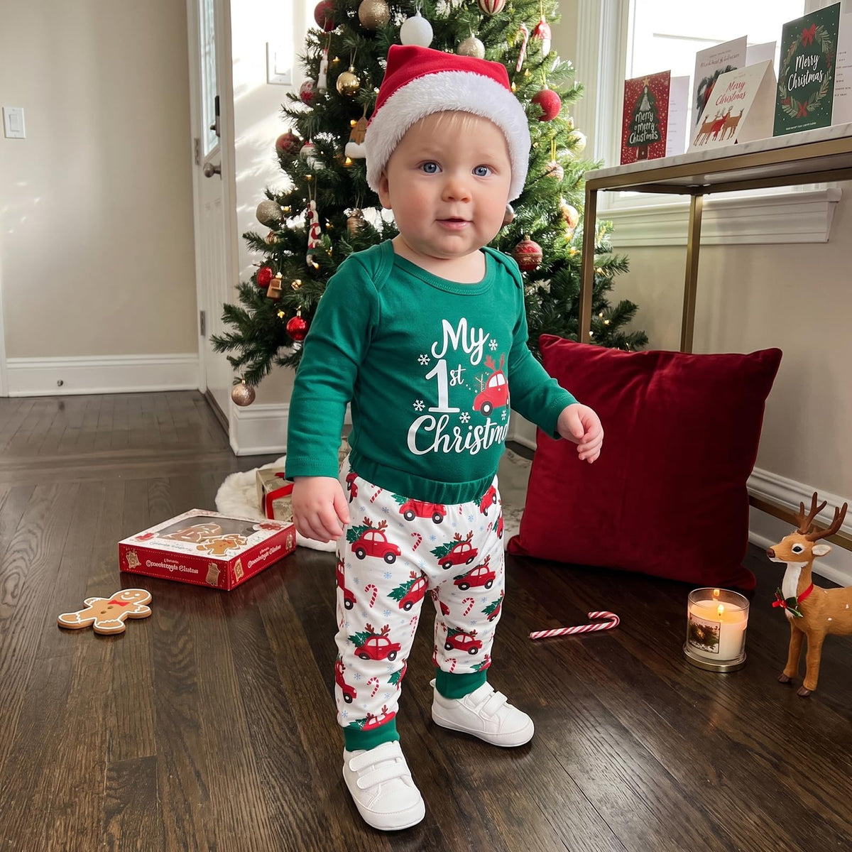 My First Christmas Baby Boy Outfit Romper Pants Hat V62652