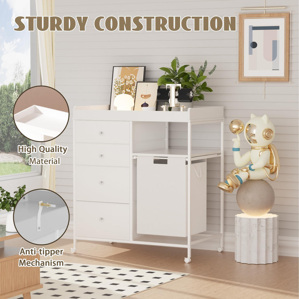 White 4 Drawer Changing Table Dresser with Laundry Hamper V159792