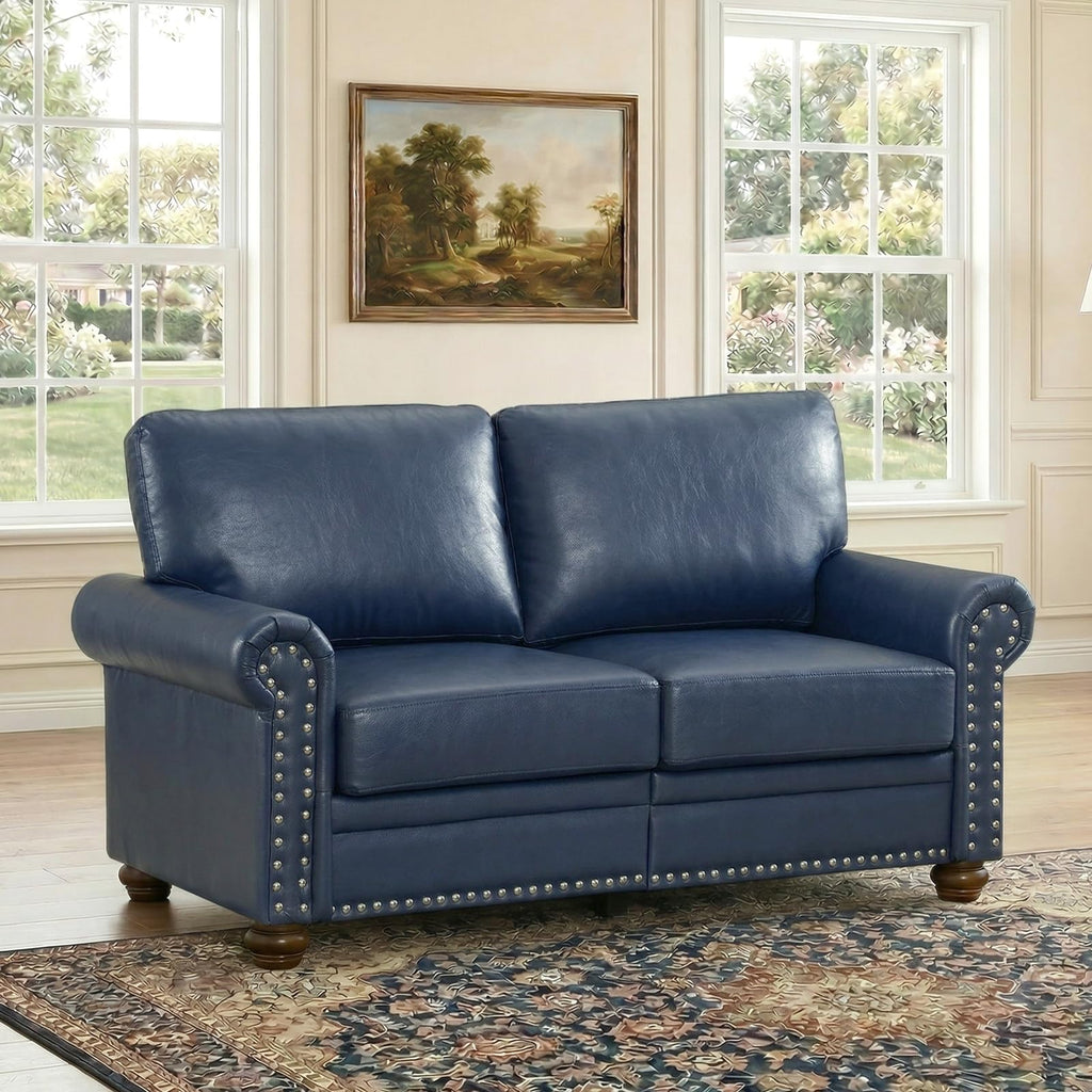 Navy Blue Faux Leather 2 Seater Sofa with Nailhead Trim K2358
