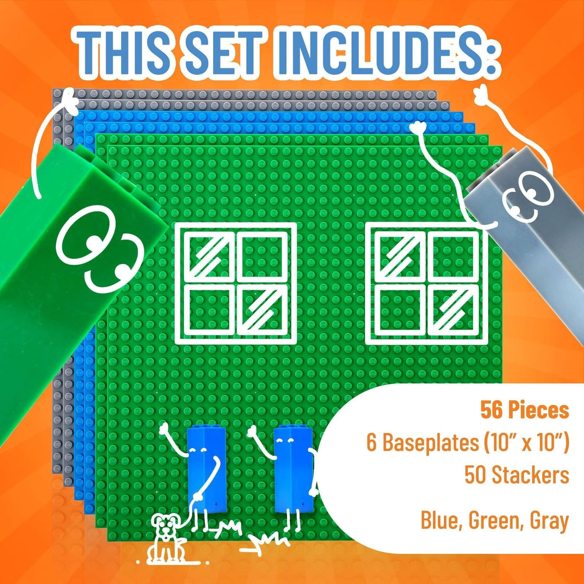 10 x 10 in 6 Baseplates with 50 Stackers Building Toy Blocks T2589