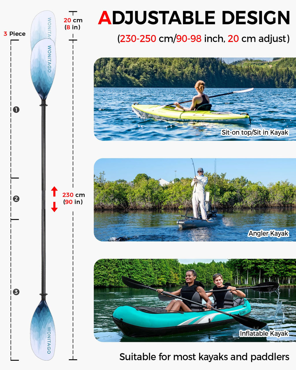 Adjustable Carbon Fiber Shaft Nylon Blade Kayak Paddle M236