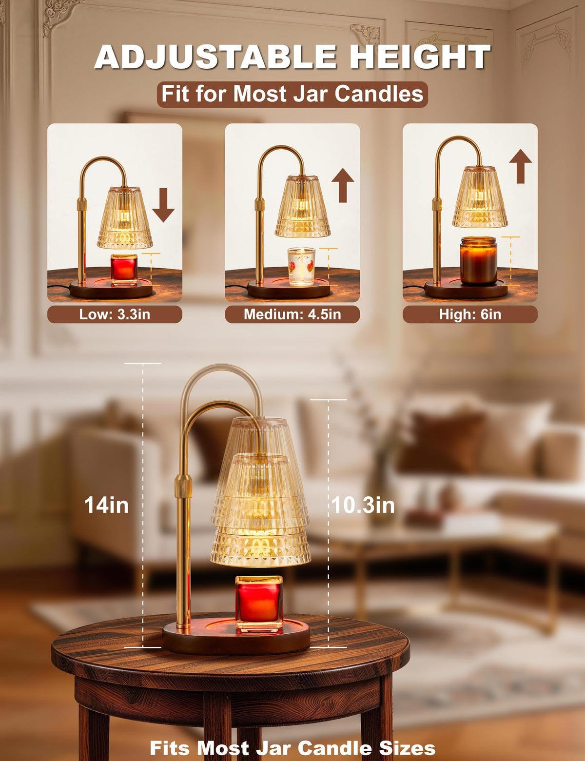 Candle Warmer Lamp with Dimmer & Timer, Adjustable Height, Amber-gold O598149