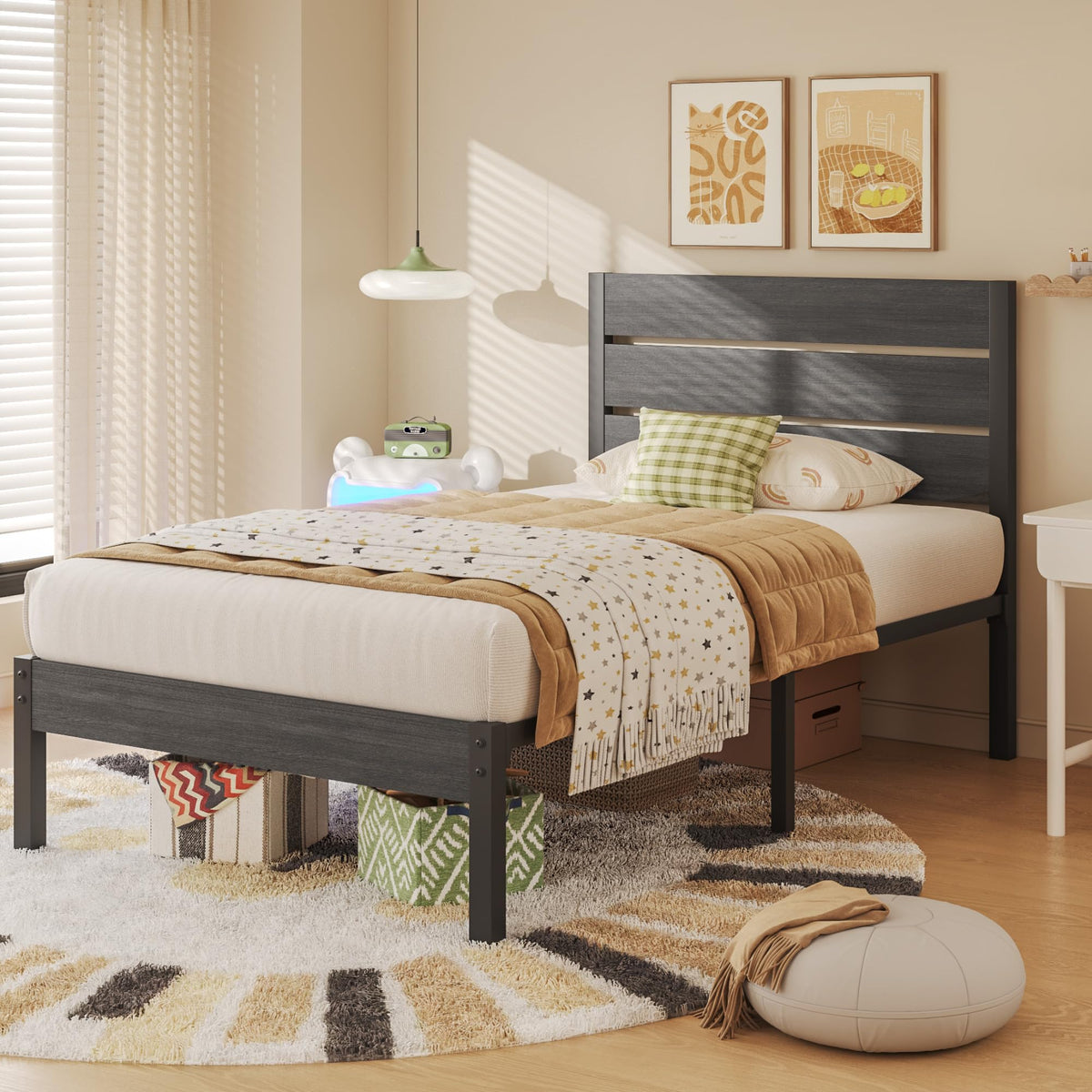 Twin Metal Bed Frame with Headboard and Under Bed Storage E655231