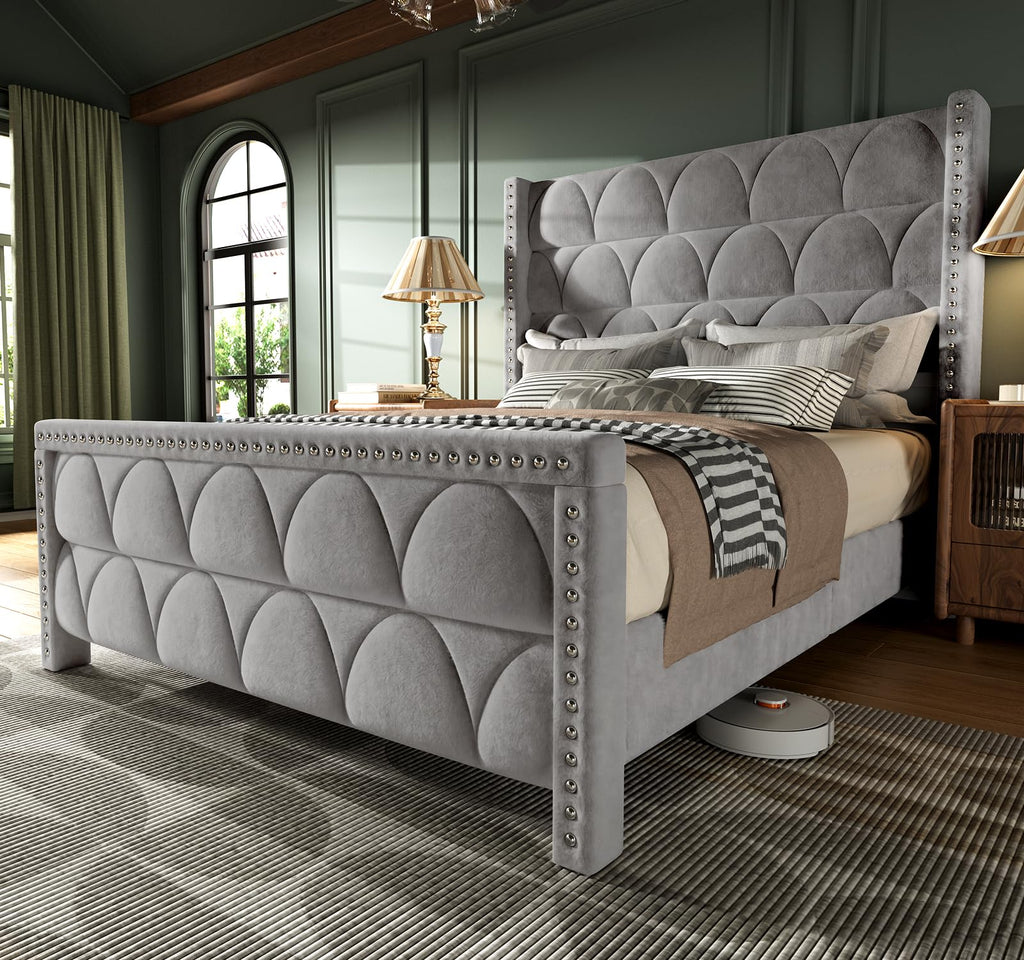 Queen Size Velvet Upholstered Platform Bed Frame K361
