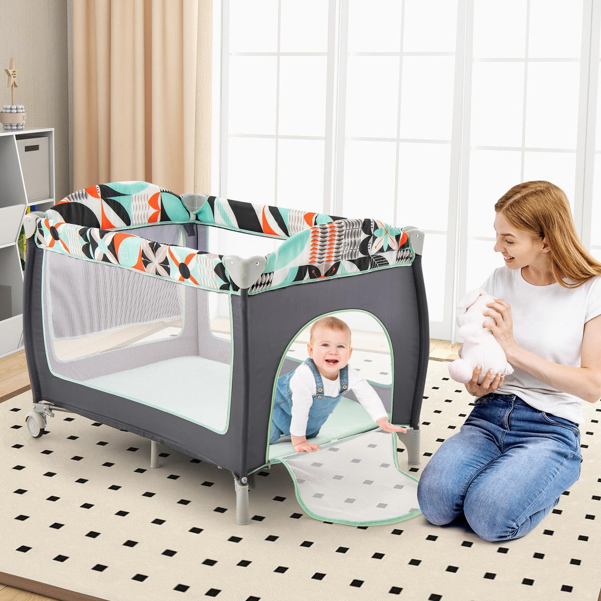 4 in 1 Portable Baby Crib Playpen with Bassinet R9018