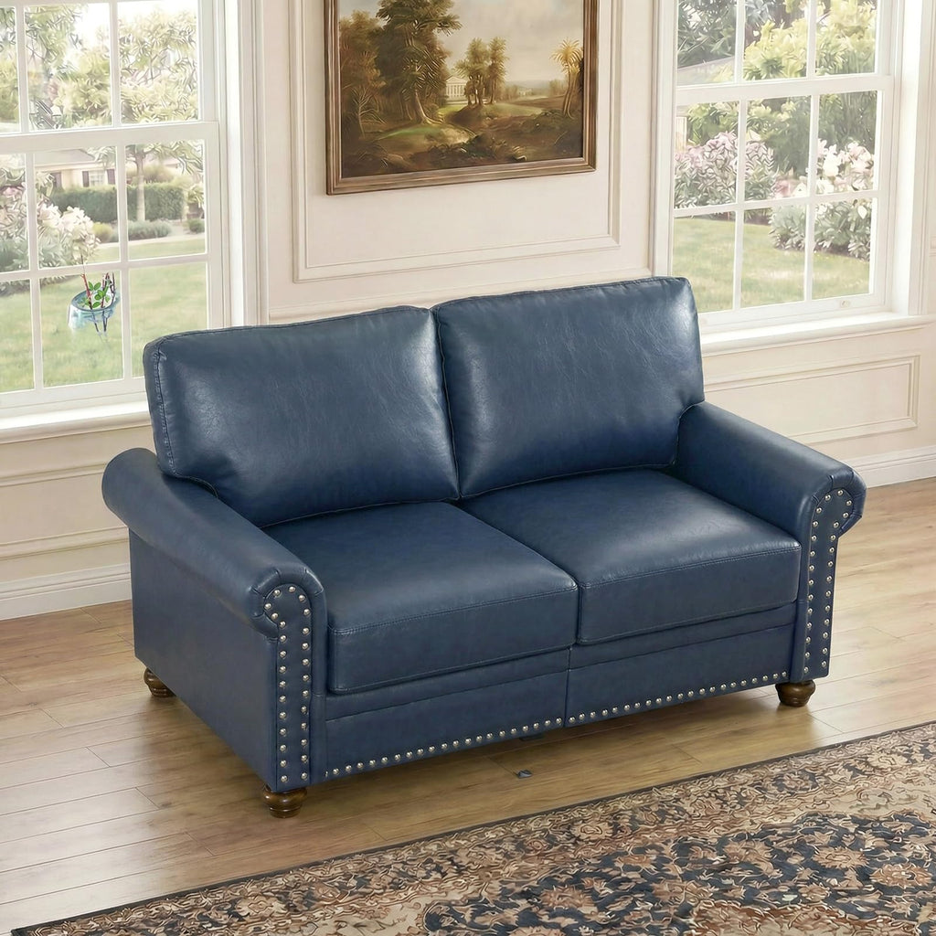 Navy Blue Faux Leather 2 Seater Sofa with Nailhead Trim K2358