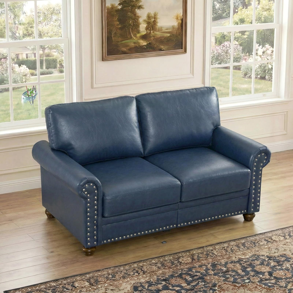 Navy Blue Faux Leather 2 Seater Sofa with Nailhead Trim K2358