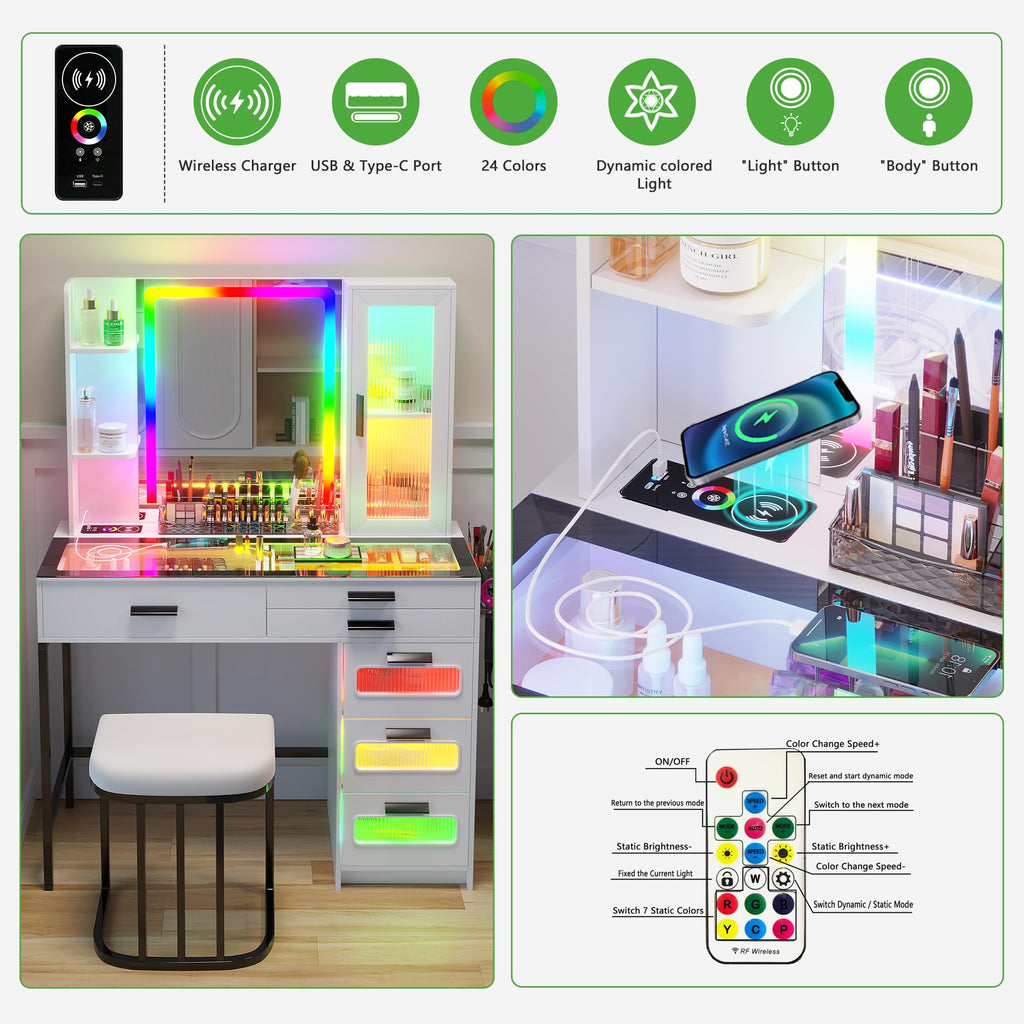 White Vanity Desk with Lighted Mirror and 6 Drawers J4831