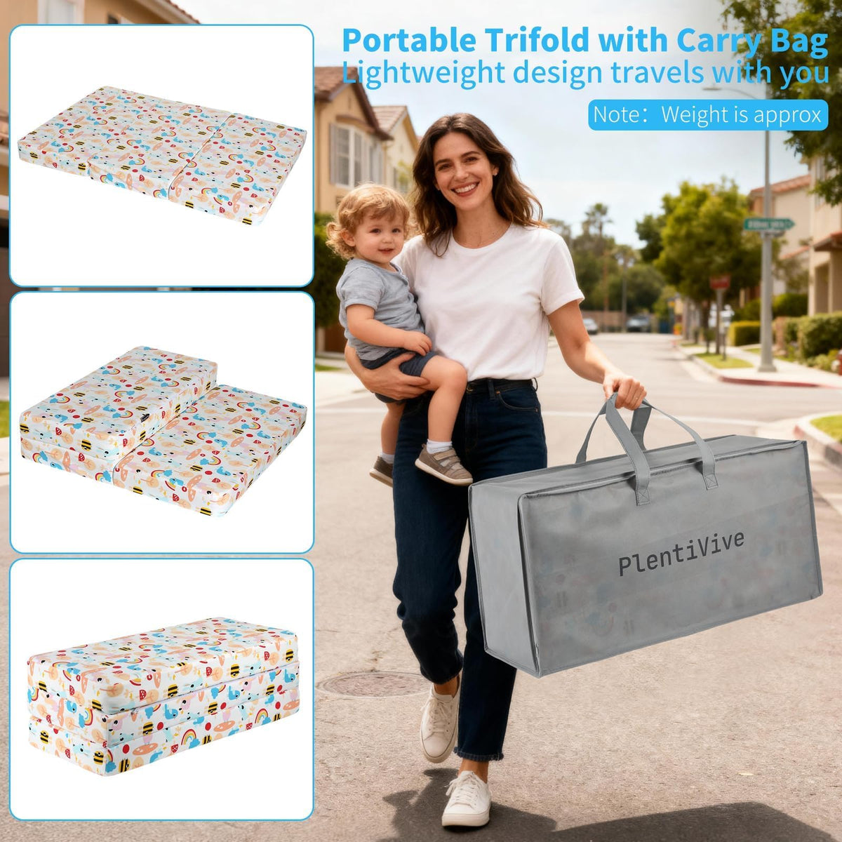 Trifold Pack and Play Mattress 38x26, Dual Sided Foldable Waterproof Washable Portable Crib Mattress Topper with Carry Bag P584