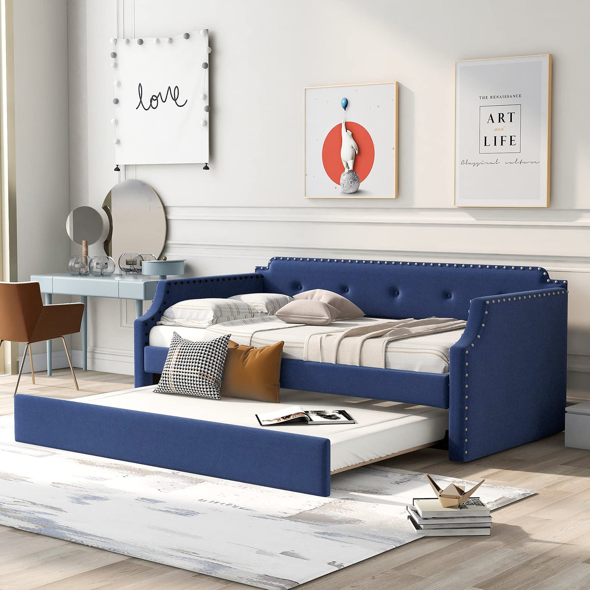 Upholstered Linen Daybed with Trundle I775243