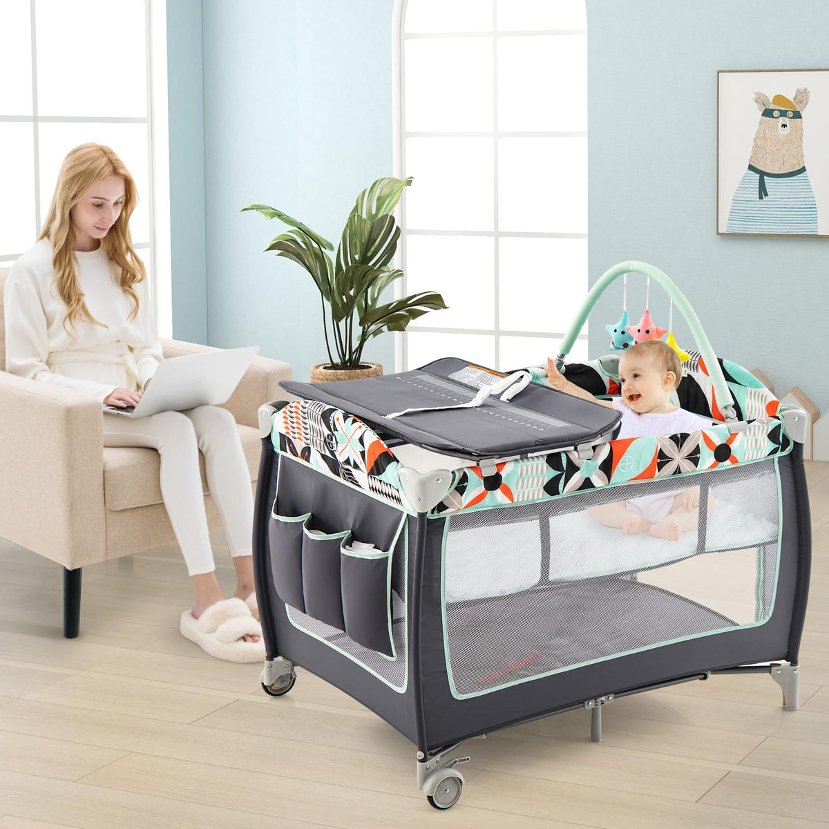 4 in 1 Portable Baby Crib Playpen with Bassinet R9018