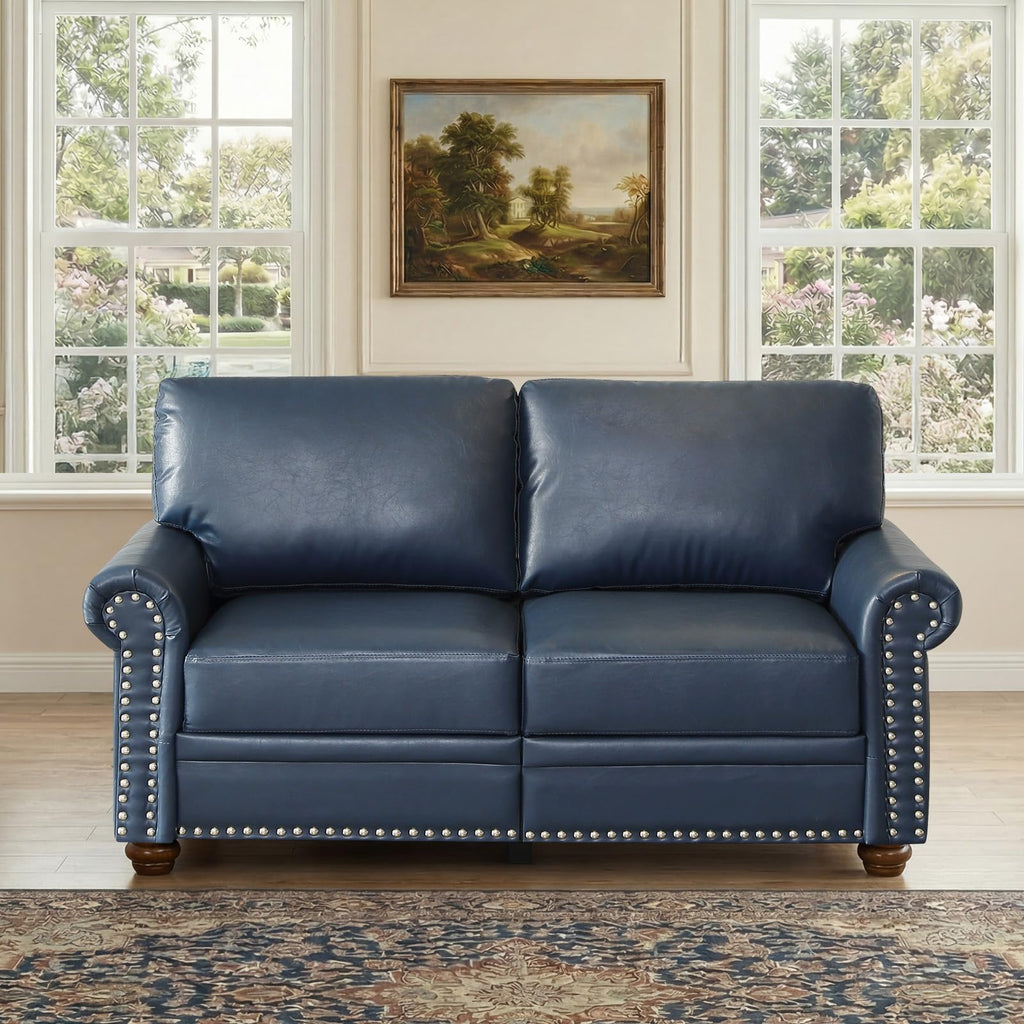 Navy Blue Faux Leather 2 Seater Sofa with Nailhead Trim K2358