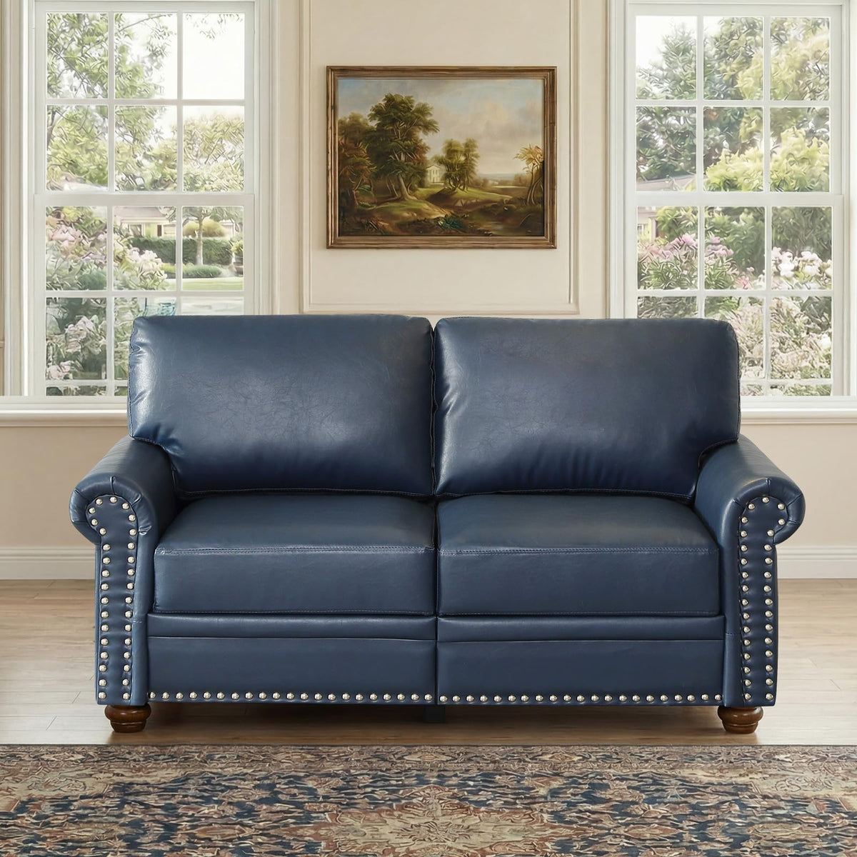 Navy Blue Faux Leather 2 Seater Sofa with Nailhead Trim K2358