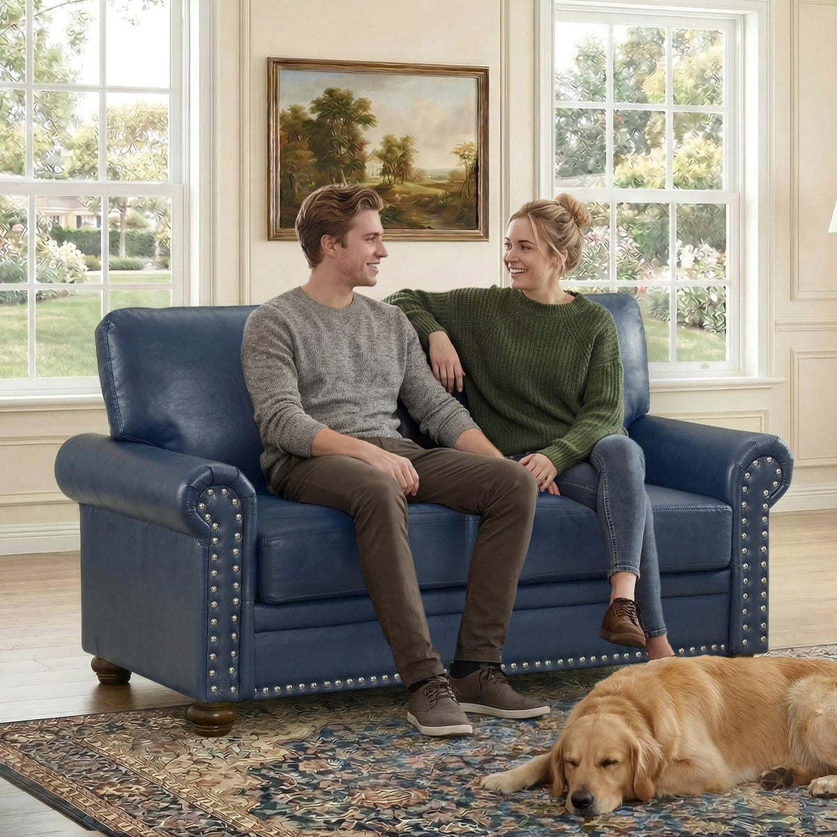 Navy Blue Faux Leather 2 Seater Sofa with Nailhead Trim K2358