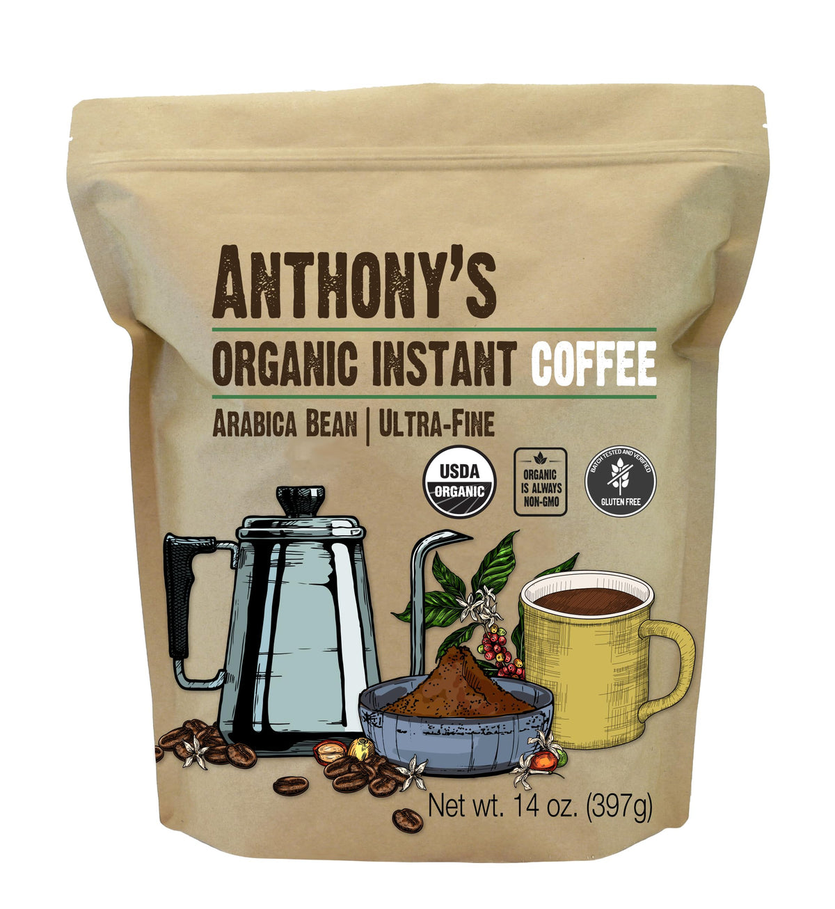 Organic Instant Coffee, 14 oz, Arabica, Gluten Free O968