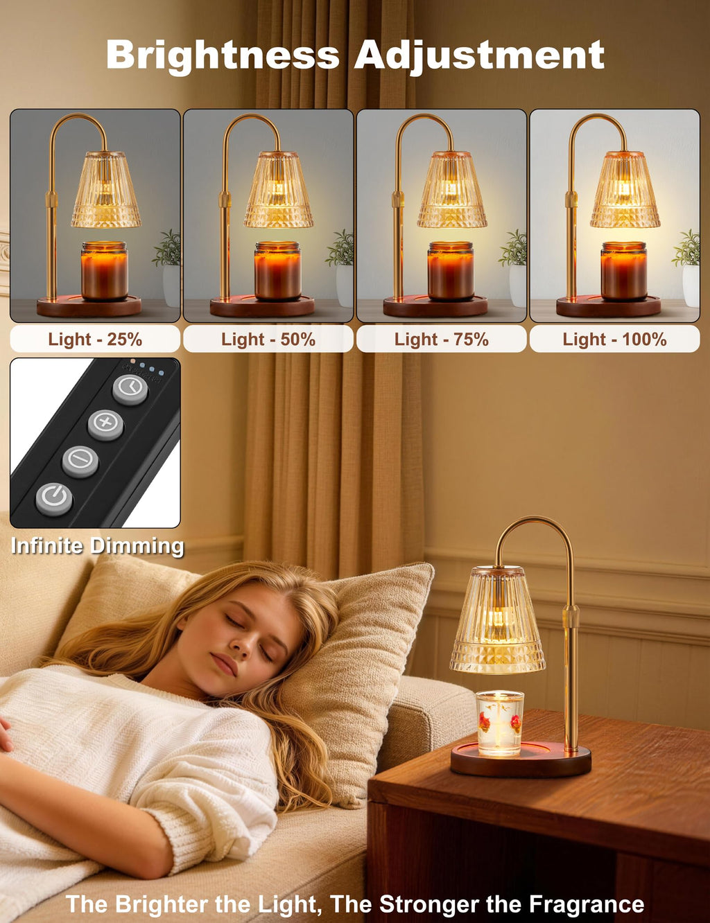 Candle Warmer Lamp with Dimmer & Timer, Adjustable Height, Amber-gold O598149