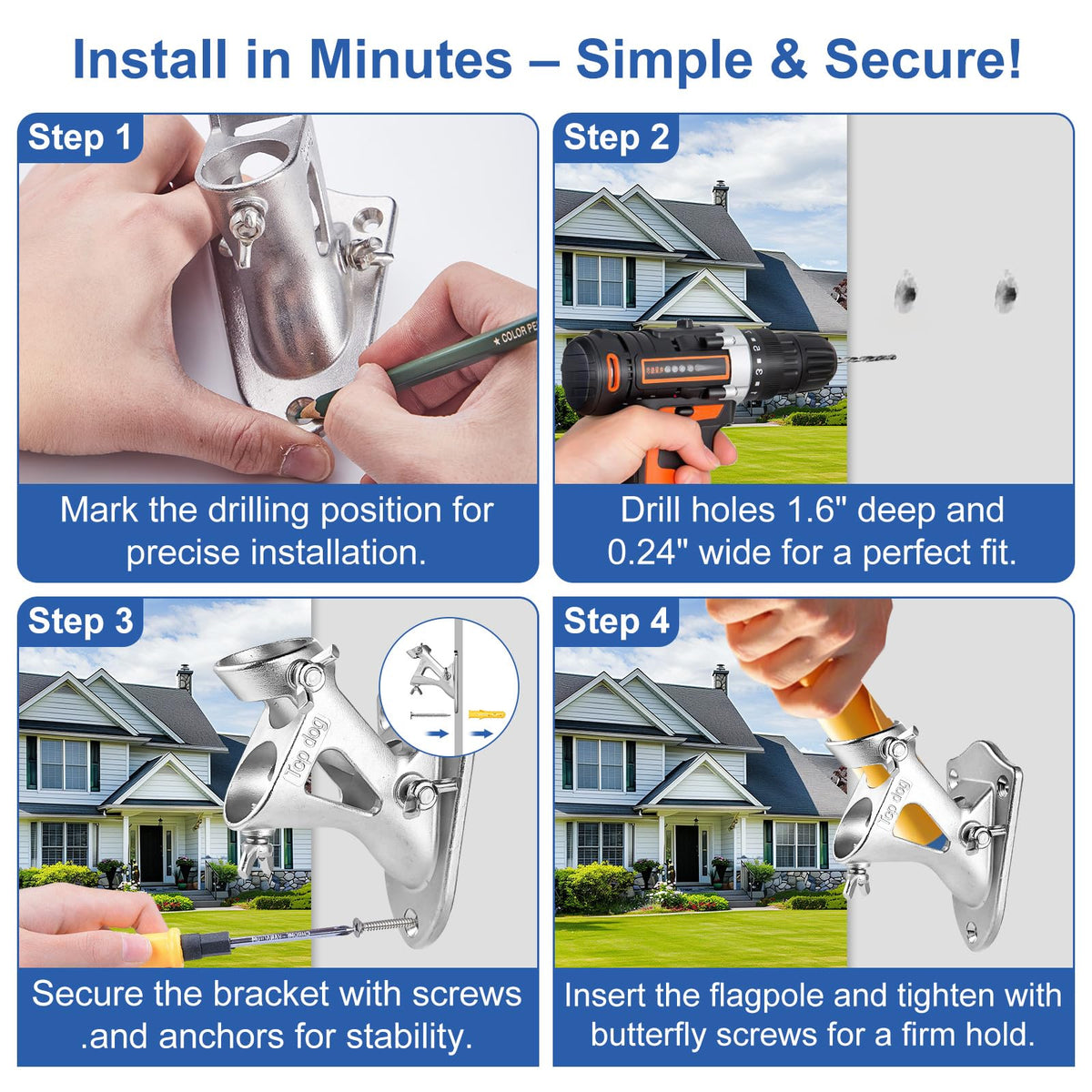 304 Stainless Steel Adjustable Wall Mount Flag Pole Holder Bracket M3596