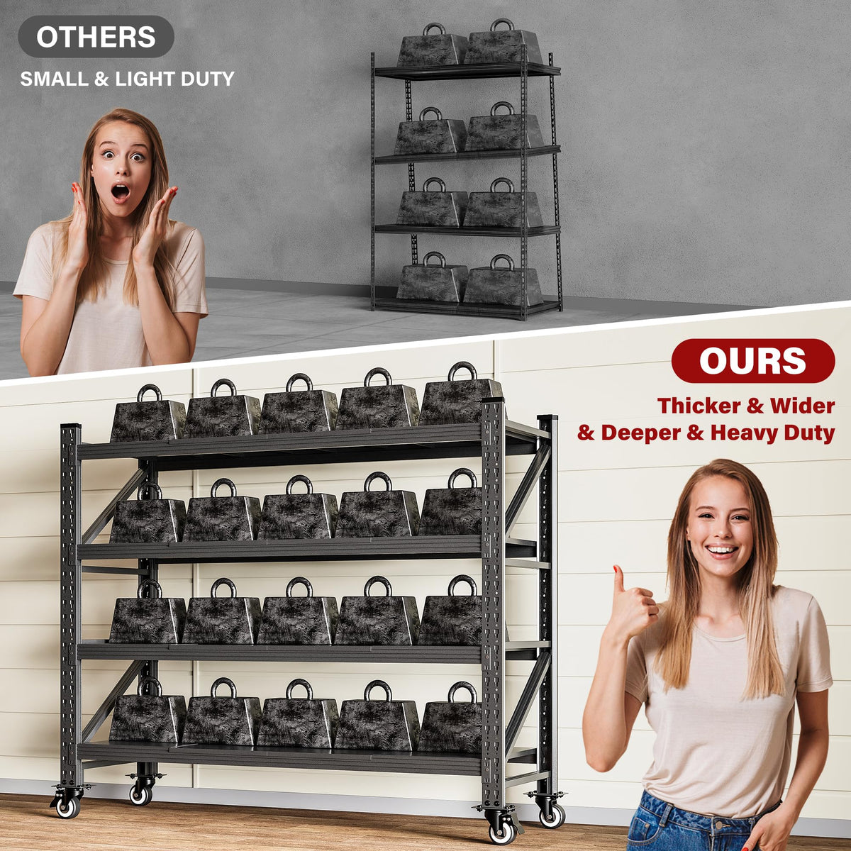 75.6" Tall Black Metal Storage Shelves with Wheels M57496