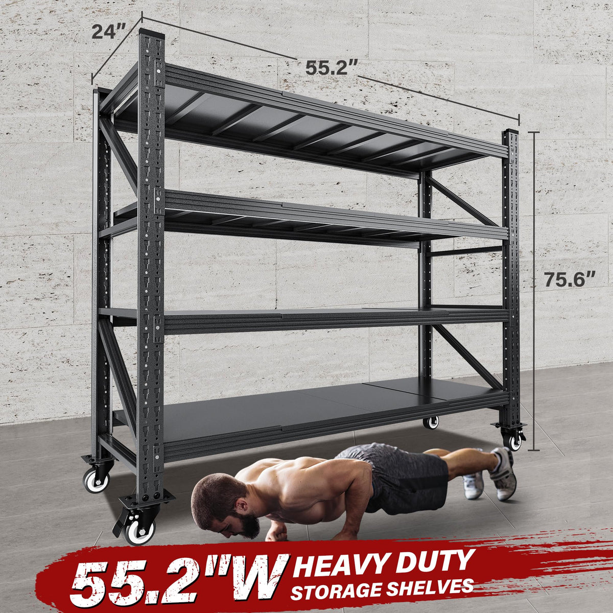 75.6" Tall Black Metal Storage Shelves with Wheels M57496